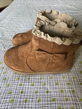 wonder nation Brown Suede-Look Kids Boot with Cream Ruffle Trim
